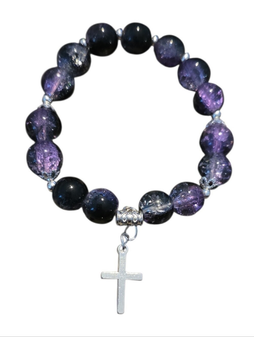 Silver Cross Purple and Black Beaded Stretch Bracelet